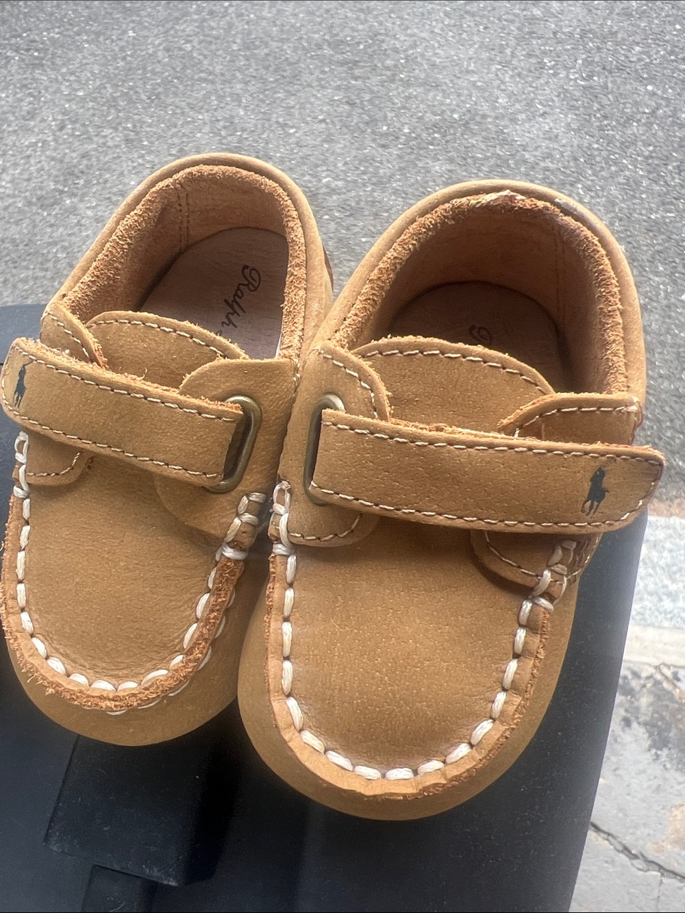 Polo by Ralph Lauren Tan Suede Kids Moccasins with White Stitching